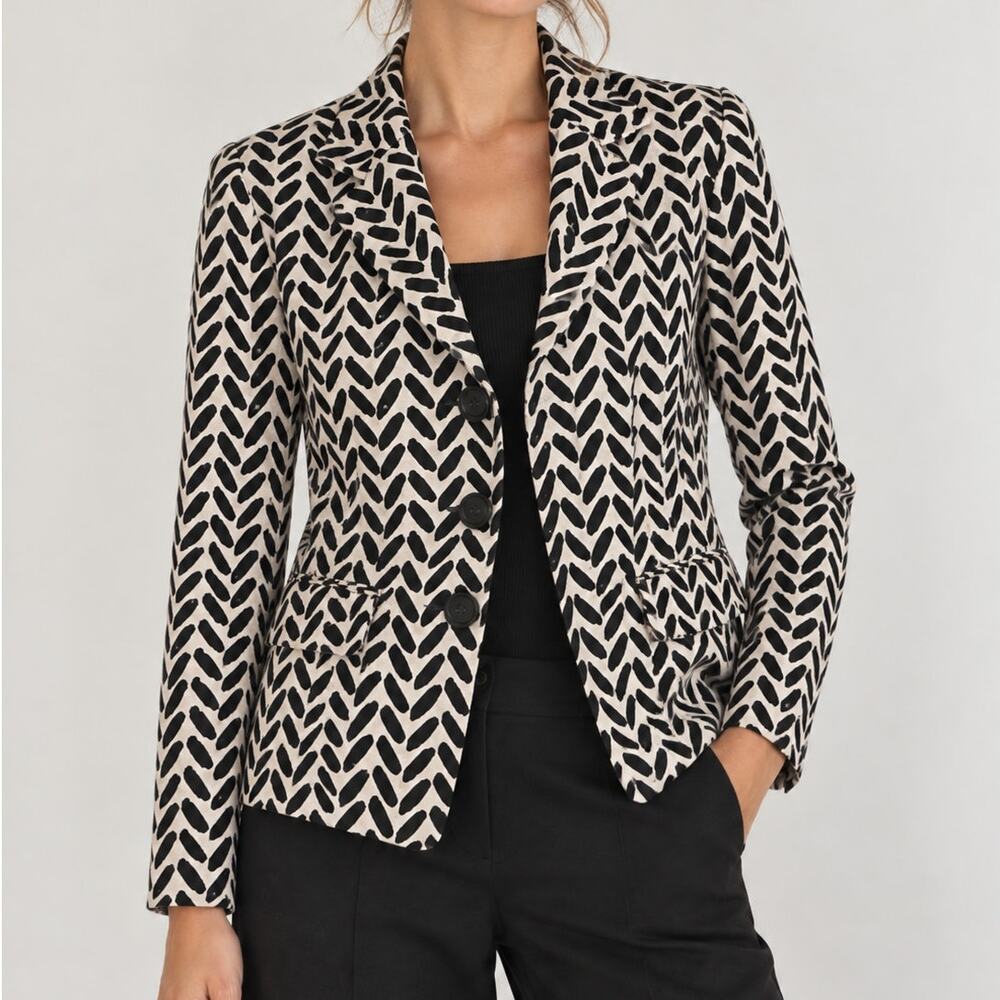 Lafayette 148 New York Abstract Print Cotton Blazer Size 12 Black Cream Jacket